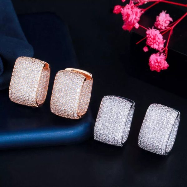 Gold and Silver Double Sided Micro Paved Cubic Zirconia Rectangle Hoop Earing